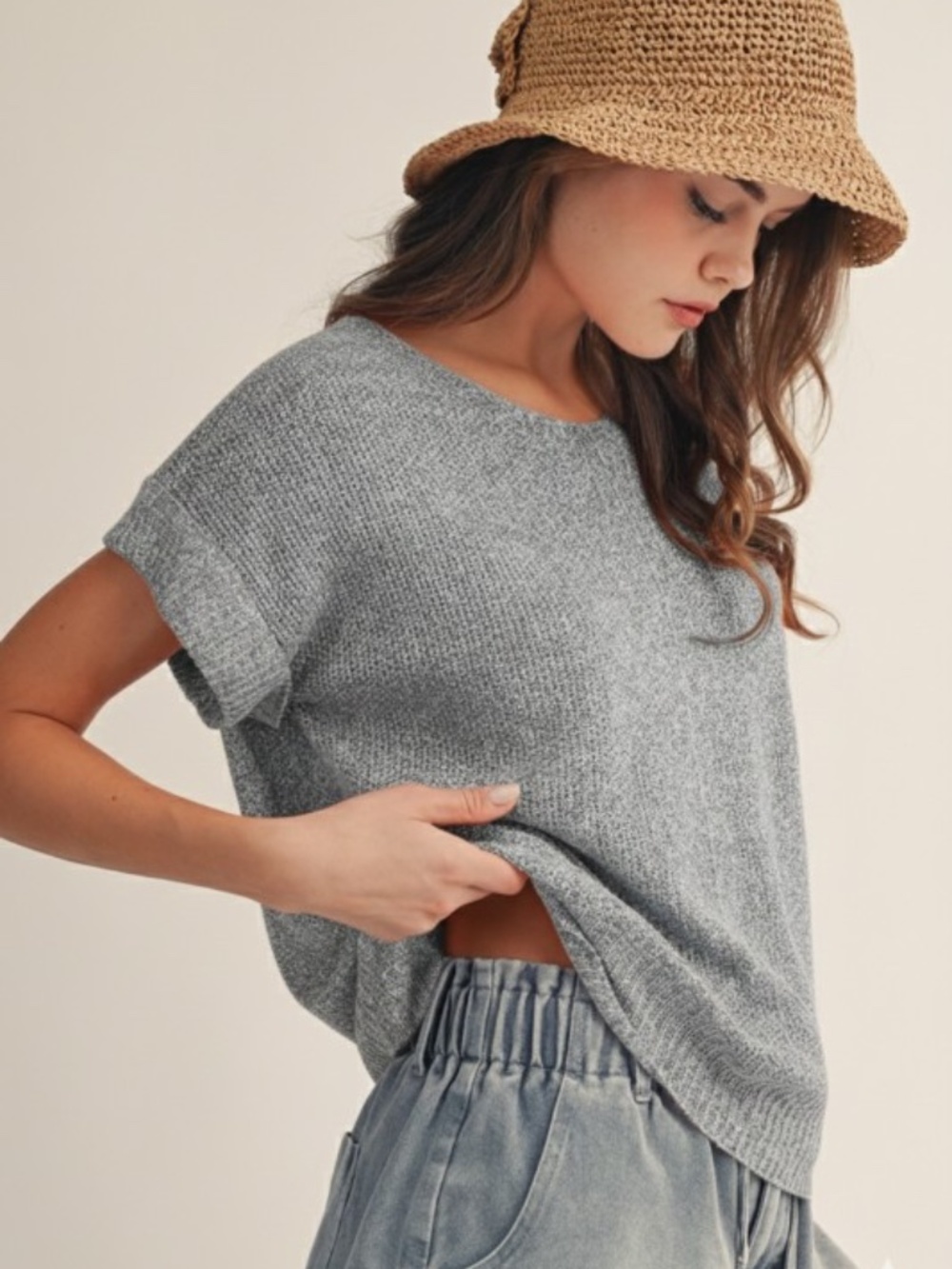 "The Cynthia" Gray Lightweight V Neck Easy Knit Pullover